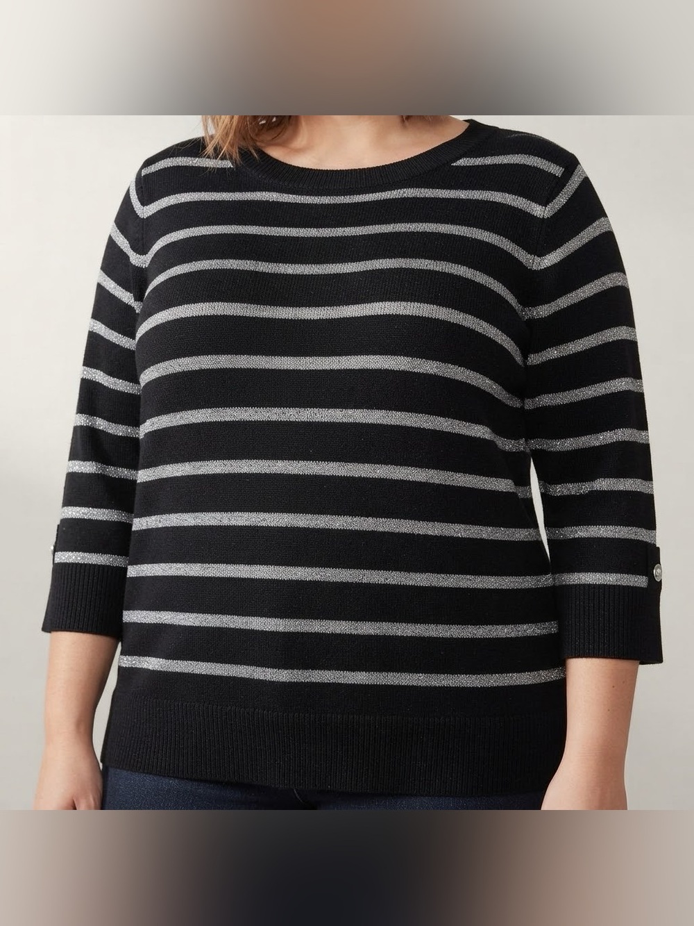 Karen Scott Black Sweater with Silver Stripes